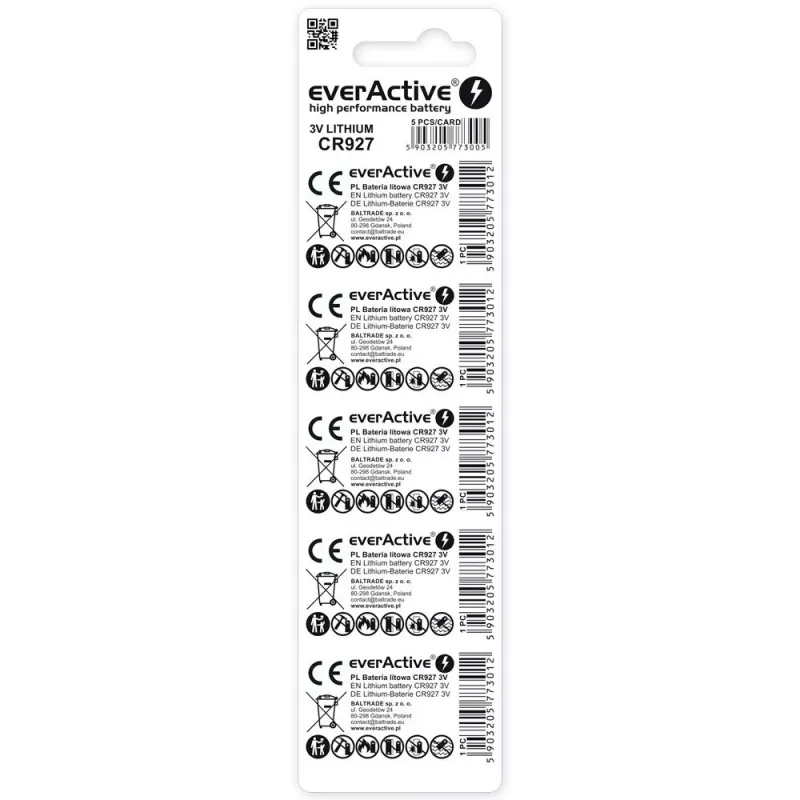 Litium-nappiparisto everActive CR927 3V, 30 mAh, nappiparisto, korkeus 2,7 mm — 5 kpl:n pakkaus