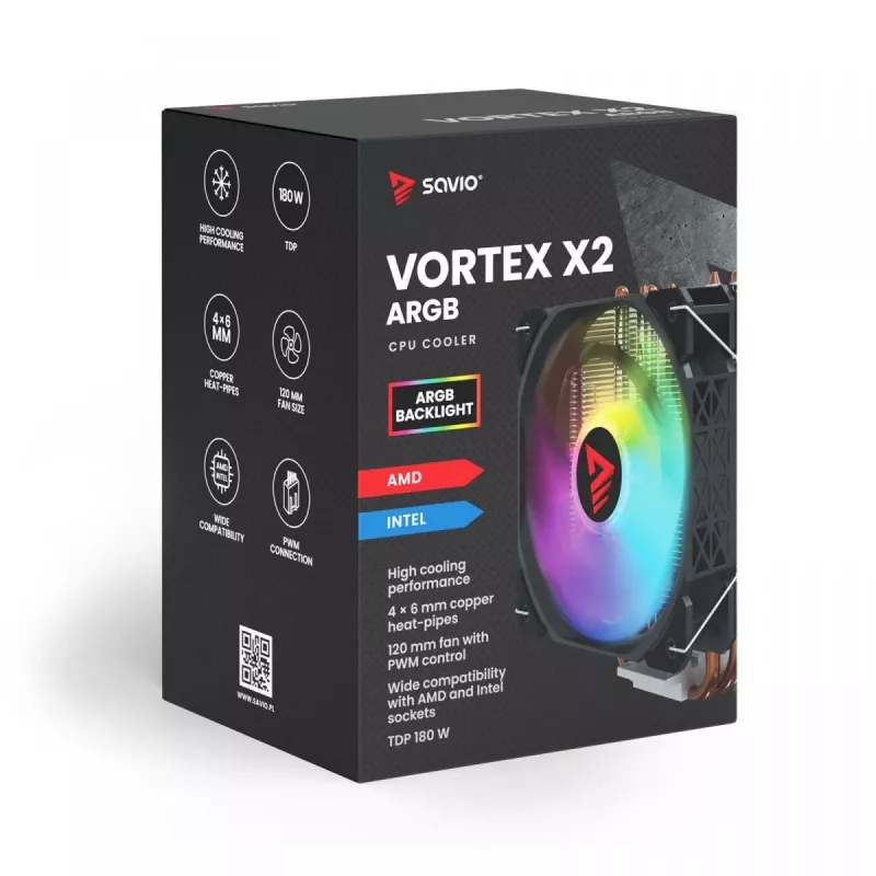 CPU-ilmajäähdytin SAVIO SAVGCOVORTEXX2ARGB 4 lämpöputkella, 120 mm ARGB-tuuletin, musta