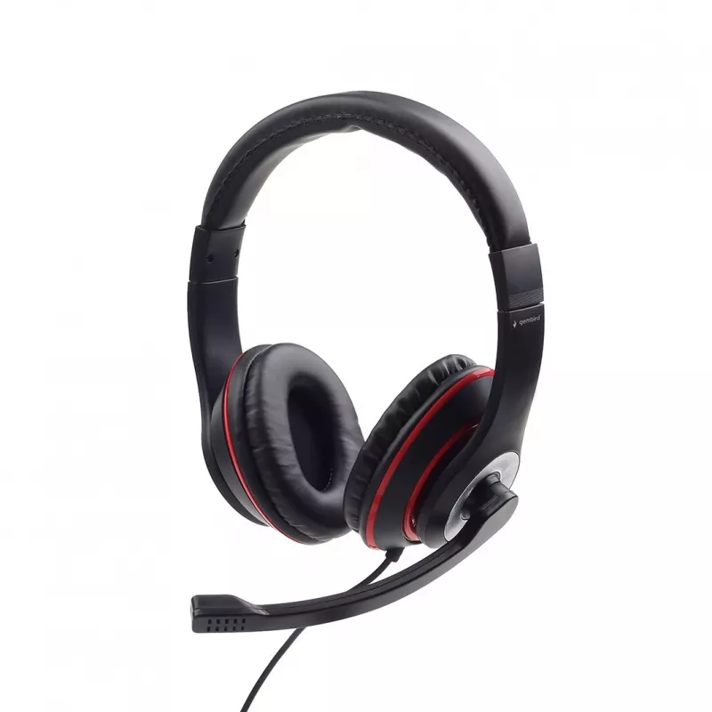 Langallinen pelikuulokemikrofoni GEMBIRD MHS-03-BKRD — binaural, korvan peittävä, 3,5 mm, 1,8 m kaapeli, punainen/musta