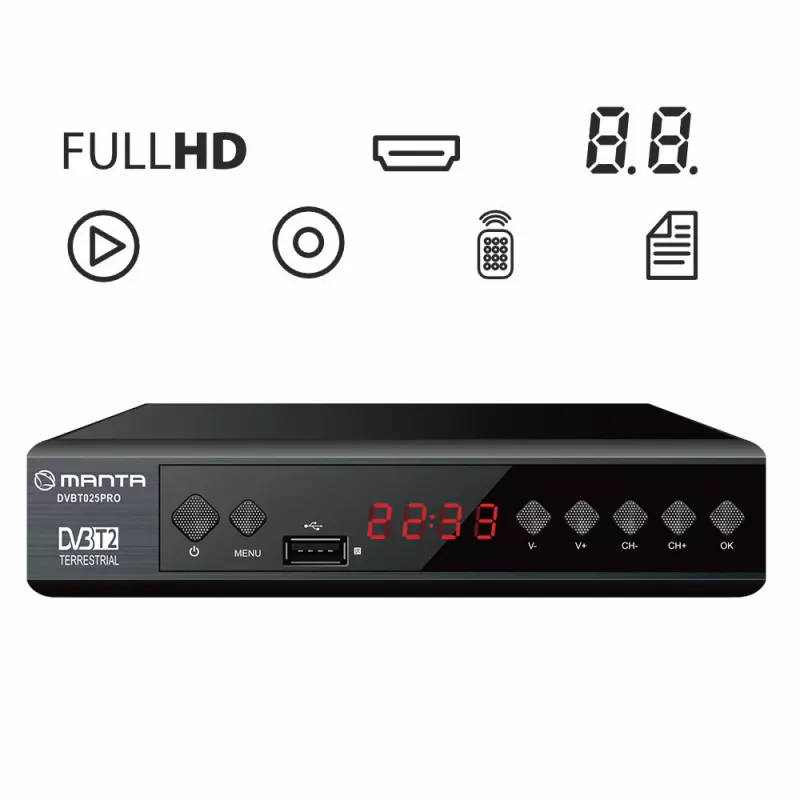 Digitaalinen TV-vastaanotin MANTA DVBT025PRO DVB-T2 Full HD -tuki USB-tallennus