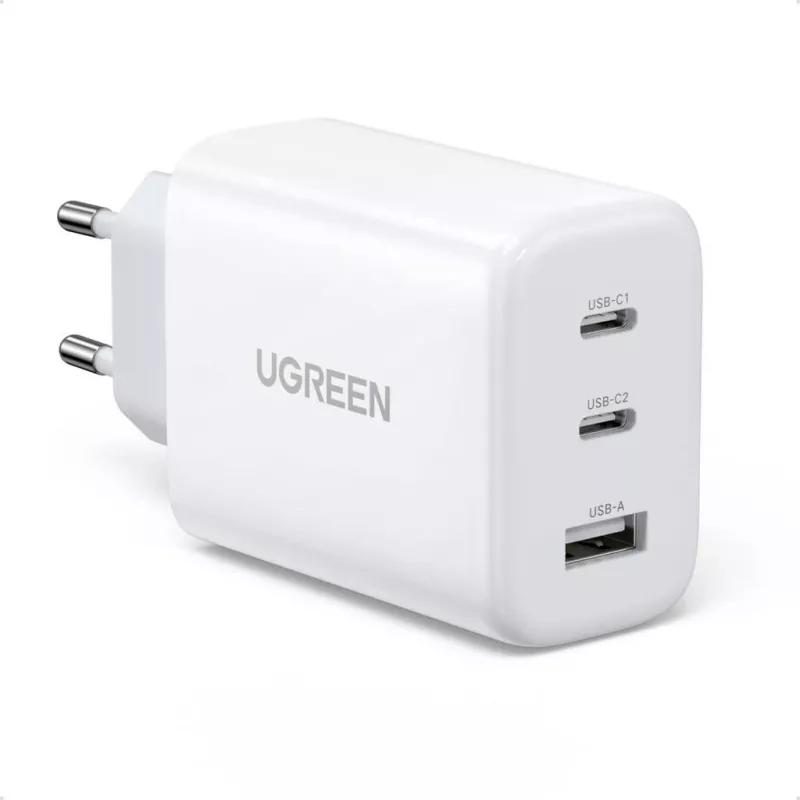 Seinälaaturi UGREEN CD275 2× USB Type-C 65W valkoinen — Dual-USB-C 65W pikalataus, 100–240V tulo