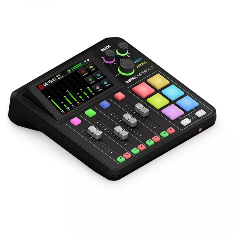 Studiokontrolleri RØDE Caster Duo musta — 2 Combo XLR/TRS, 2 TRS Line-lähdöt, 48 kHz, 24-Bit, kosketusnäyttö, Wi-Fi, Bluetooth