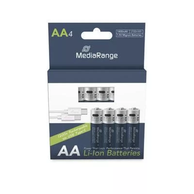 MediaRange MRBAT161 USB-C-ladattavat Li-Ion AA-paristot, 1,5 V, 1400 mAh, 4 kpl