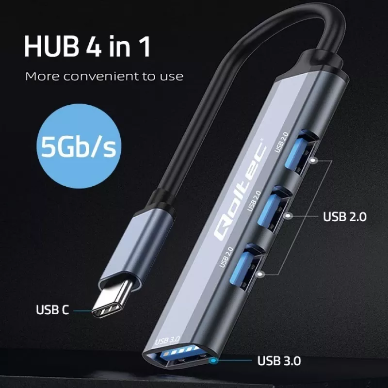 USB-keskitin QOLTEC 53792, USB-C 3.1 4 porttiin (USB 3.0 x1, USB 2.0 x3)