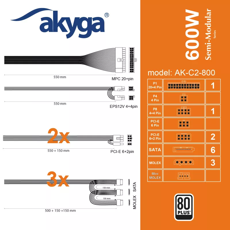 Akyga AK-C2-800 Classic 800 W ATX-virtalähde, osittain modulaarinen, aktiivinen PFC, 120 mm tuuletin