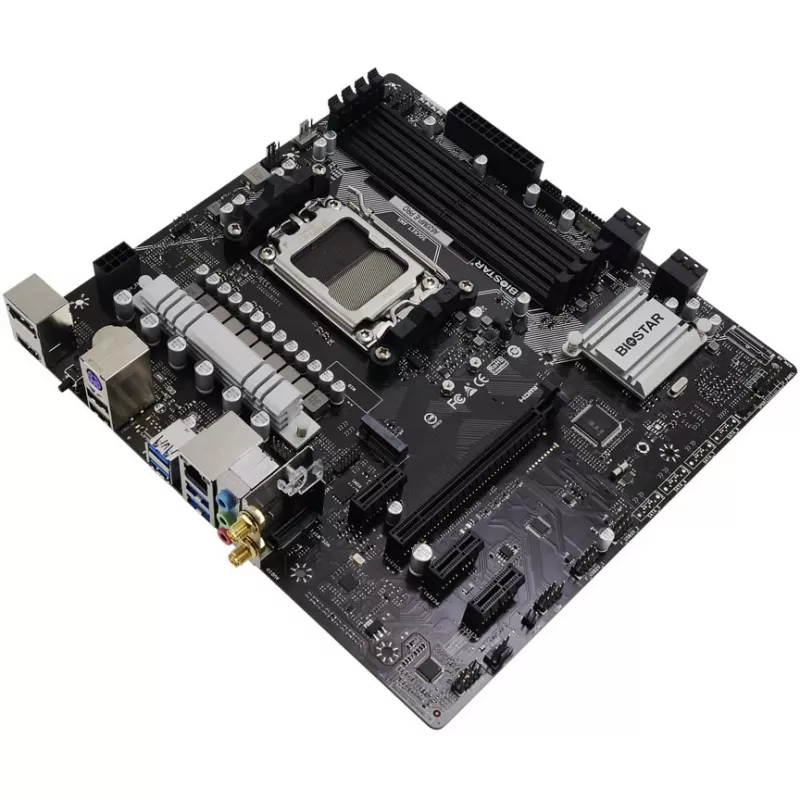 Emolevy BIOSTAR A620MP-E PRO — AMD A620 microATX, kanta AM5, DDR5, 4 DIMM, max. 128 GB, 2,5Gb LAN