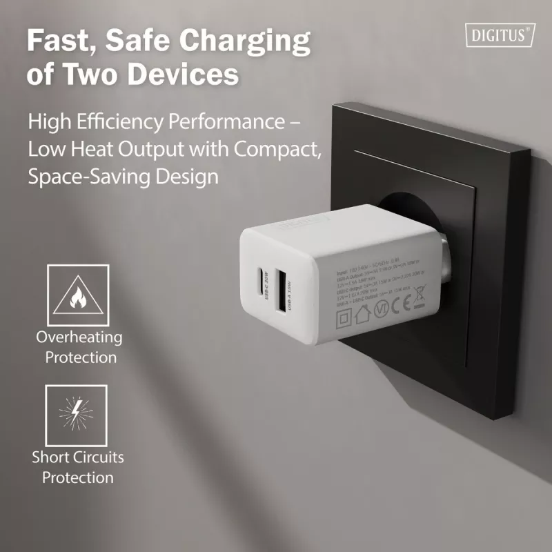 AC sisäkäyttöön USB GaN -laturi DIGITUS DA-10301 — 30W, 1× USB-C, 1× USB-A, 100–240V, valkoinen
