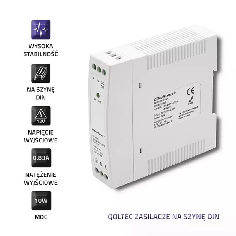 DIN-kiskovirtalähde 10W, 12V, 0.83A, ohut