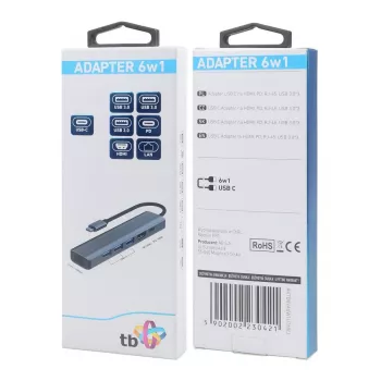Adapteri HUB USB C 6in1 - HDMI, USBx3, PD, RJ-45