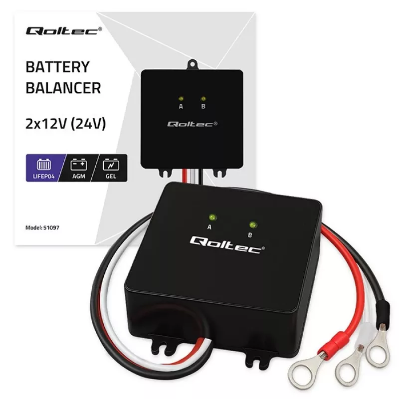 Akun jännitteentasaaja QOLTEC 51097 24V (2×12V) akuille, 5A tasausvirta