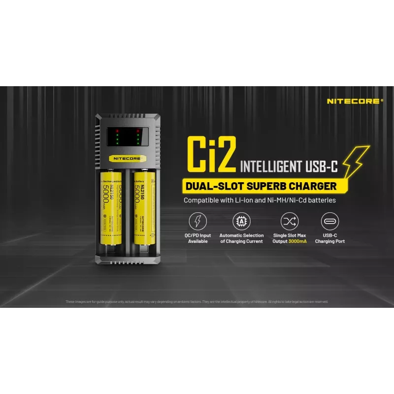 Akkulaturi Nitecore Ci12 yleislaturi USB Li‑Ion, NiCd, NiMH, 3A tulo 5/9/12V, muovikotelo