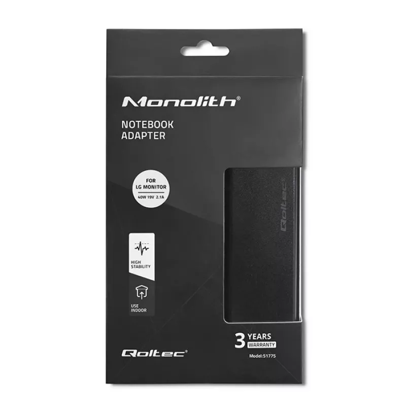Qoltec 51775 verkkovirta-adapteri LG-näytöille, 40 W, 19 V 2,1 A, 6,5x4,4 mm:n liitin