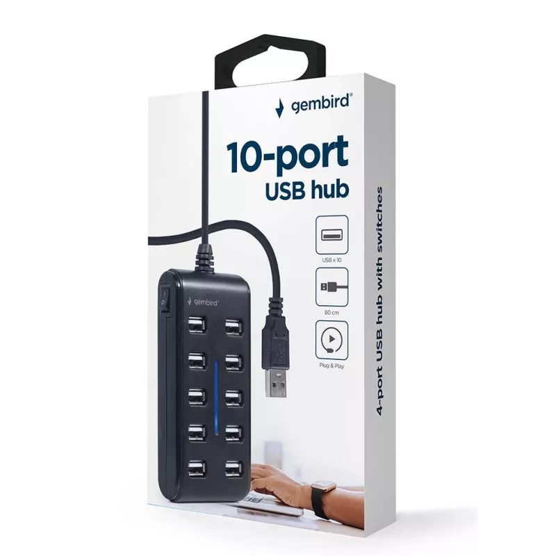 USB-keskitin Gembird UHB-U2P10P-01 — 10-porttinen USB 2.0 -keskitin
