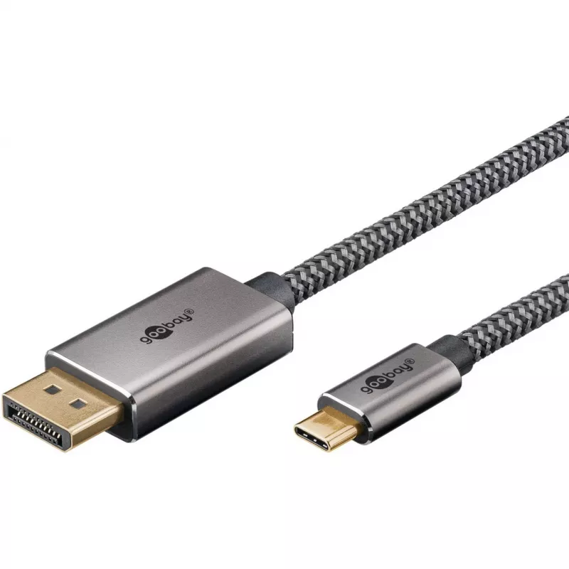 USB-sovitinkaapeli, USB-C-uros > DisplayPort-uros, 4K 60Hz (musta/hopea, 1 metri, punottu kaapeli)