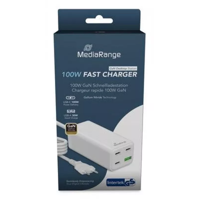 MediaRange MRMA124 matkalaturi 100W AC, 3x USB-C, 100–240V tulo, 1,5 m kaapeli, valkoinen