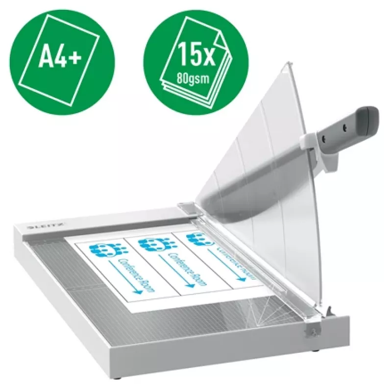 Leitz Precision -toimistopaperileikkuri A4+, 15 arkkia, manuaalinen kiinnitys, ruostumaton teräs, A4 Maxi, 80 g/m², lasi