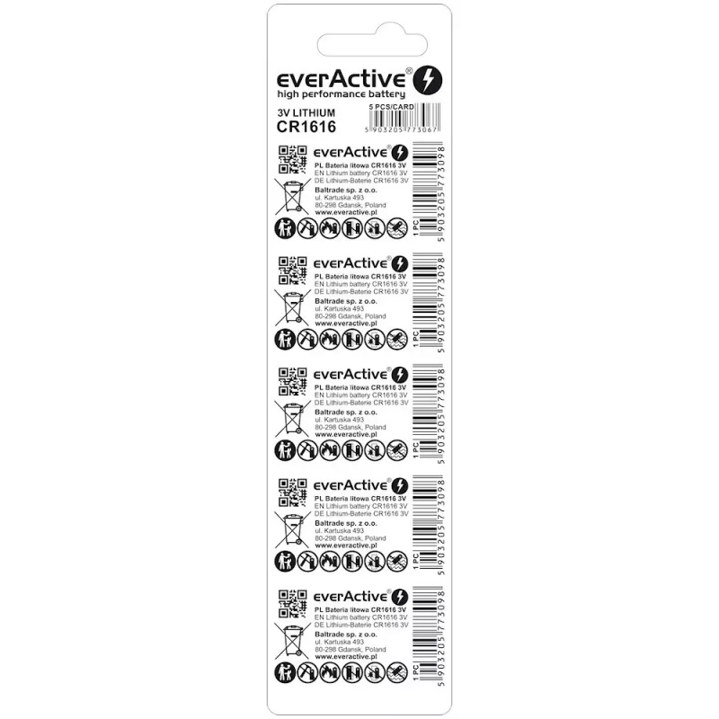 Nappiparisto everActive CR1616 3V, 50 mAh, 16 mm — 5 kpl:n pakkaus