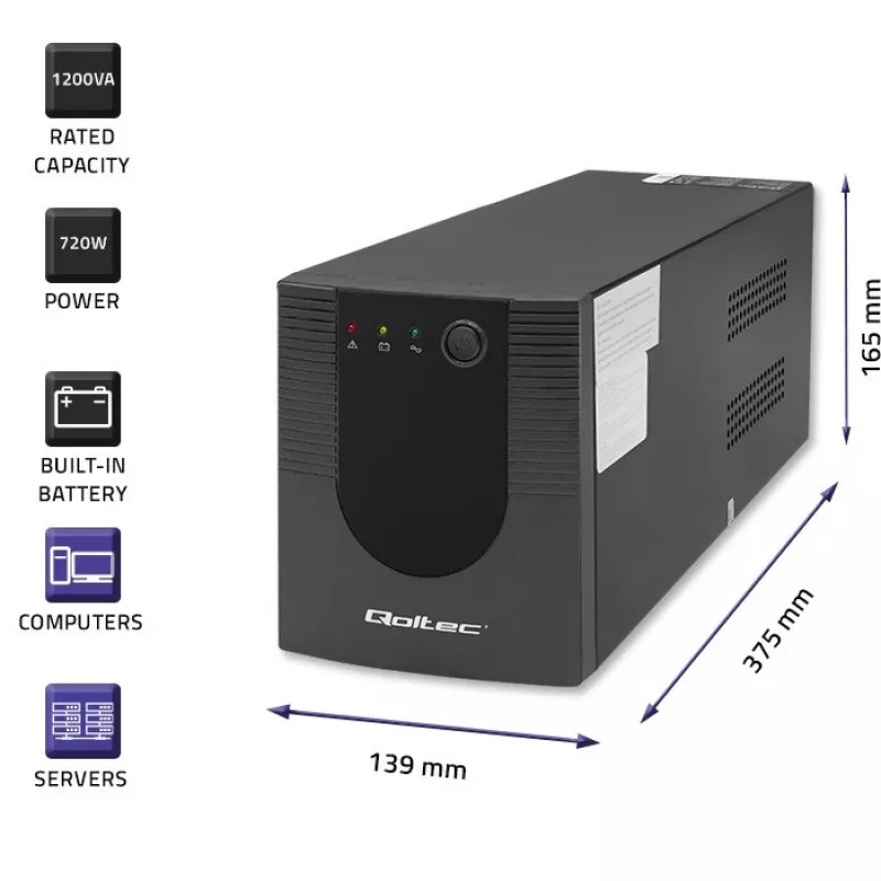 Qoltec Monolith 53775 Line-Interactive UPS-laite, 1200 VA (1,2 kVA) / 720 W, AVR, 4 AC-pistorasiaa, musta