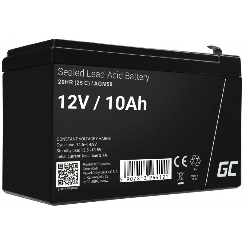 UPS-akku Green Cell AGM50 12 V 10 Ah VRLA AGM, 65×151×95 mm, 2,45 kg, musta