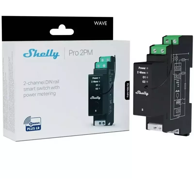 Shelly Wave Pro 2PM LR kaksikanavainen Z-Wave-DIN-kiskosäädin
