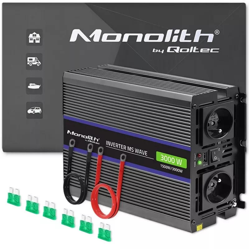 Vaihtosuuntaaja QOLTEC Monolith 3000 MS Wave, 12V→230V, 1500/3000W, USB:lla