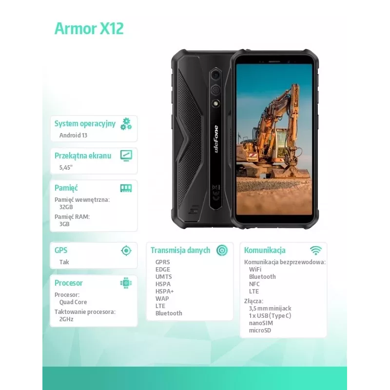 Kestävä älypuhelin UleFone Armor X12 — 3 GB RAM, 32 GB tallennustila, kokonaan musta