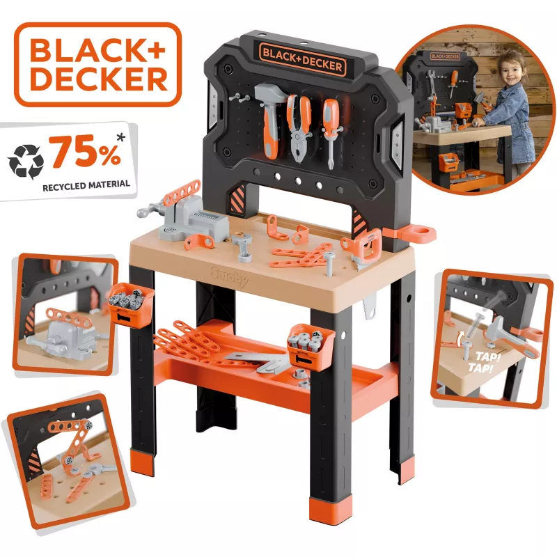 Lasten leikkityöpenkki SMOBY Black & Decker malli 2025 työkaluilla ja tarvikkeilla
