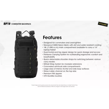 Matkareppu Nitecore BP18 — musta nailon/polyesteri, 240×160×470 mm