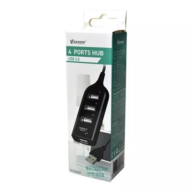 VAKOSS USB-keskitin TC-234UX — 4-porttinen USB 2.0 -keskitin, DC-virtalähde (5 V, 1 A), musta