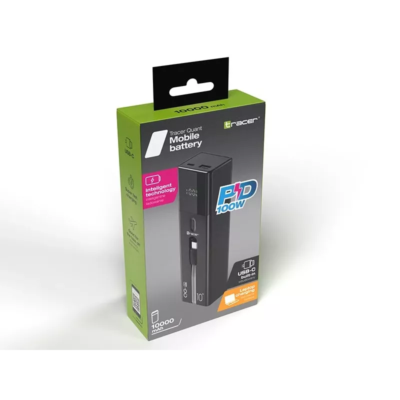 Kannettava varavirtalähde TRACER Quant 10000 mAh Li-Ion, PD & QC3.0, 3 liitäntää (2×USB-C, 1×USB-A), 100W, musta