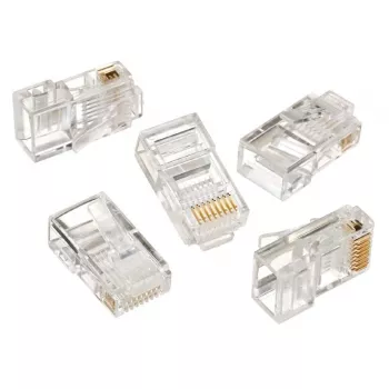Modulaariliitin 8P8C kiinteille LAN-kaapeleille CAT5, UTP, 10 kpl/pussi | Modulaarinen 8P8C RJ45 -liitin, 30µ” kullattu, 3-kärkiset sisäkoskettimet kiinteille LAN-kaapeleille