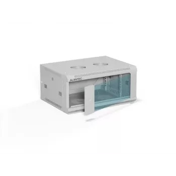 Seinäasennettava 19 tuuman 4U verkkokaappi Alantec 600 x 450 mm yksittäisellä lasiovella, irrotettavilla täydellisillä taka- ja sivuseinillä