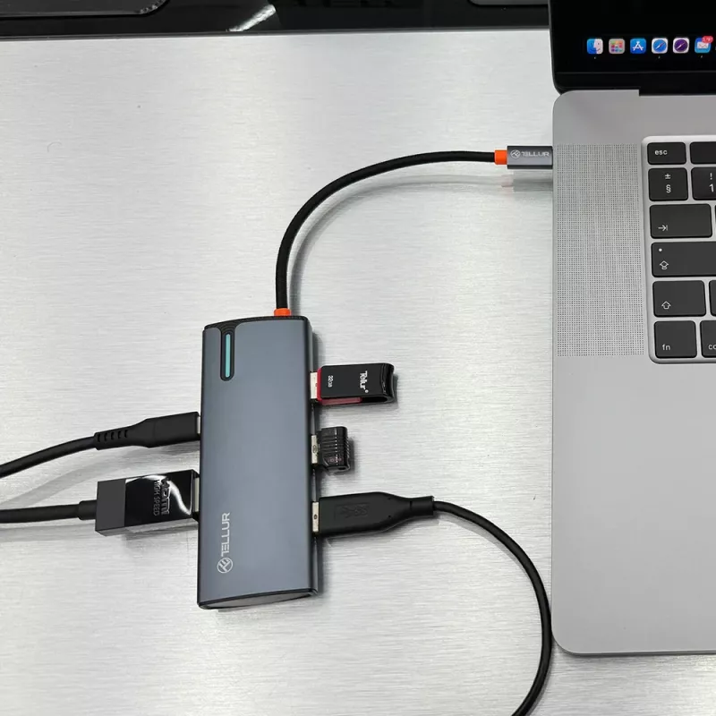USB-C-keskitin Tellur TLL321061 PD 3.0 100W, HDMI-lähtö ja 3× USB 3.0 -liitäntää