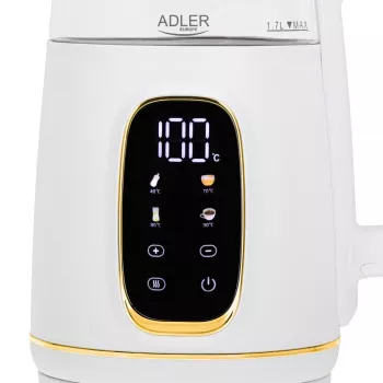 Vedenkeitin Adler AD 1305WG — 1,7 l, 2200 W, lasi/muovi, valkoinen/kulta/läpinäkyvä