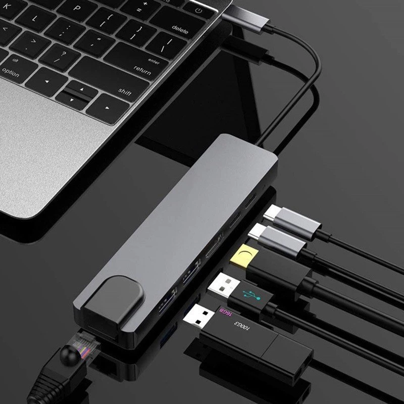 GEMBIRD USB Type-C 6-in-1-moniporttisovitin A-CM-COMBO5-06 — HDMI, PD 54W, Gigabit-LAN, 2× USB-A, Type-C (5 Gbit/s)