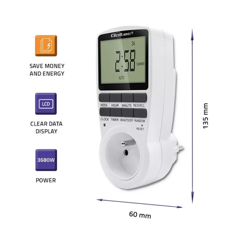 Elektroninen ajastin QOLTEC PC0628 LCD-näytöllä, 24 tunnin countdown