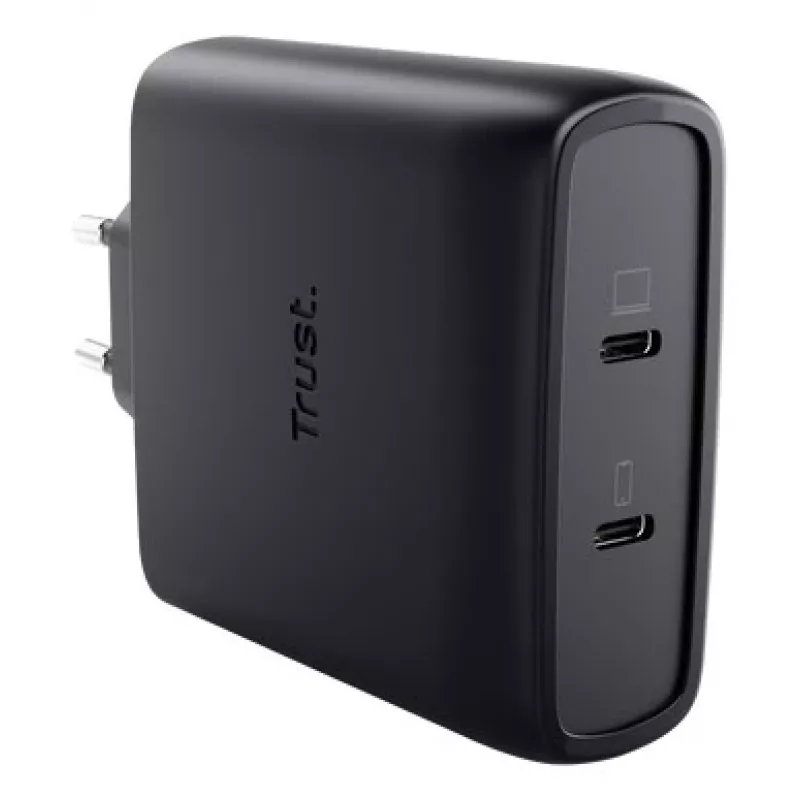 TRUST Maxo 100W 2-porttinen USB-C GaN laturi — 100 W, 2× USB-C, max. 20 V, 2 m kaapeli, musta