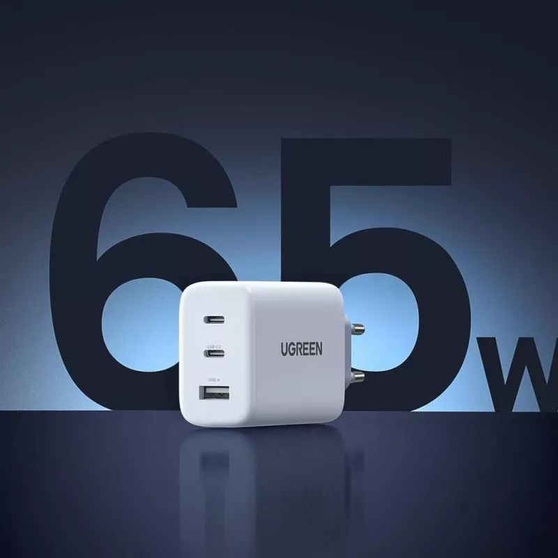 Seinälaaturi UGREEN CD275 2× USB Type-C 65W valkoinen — Dual-USB-C 65W pikalataus, 100–240V tulo