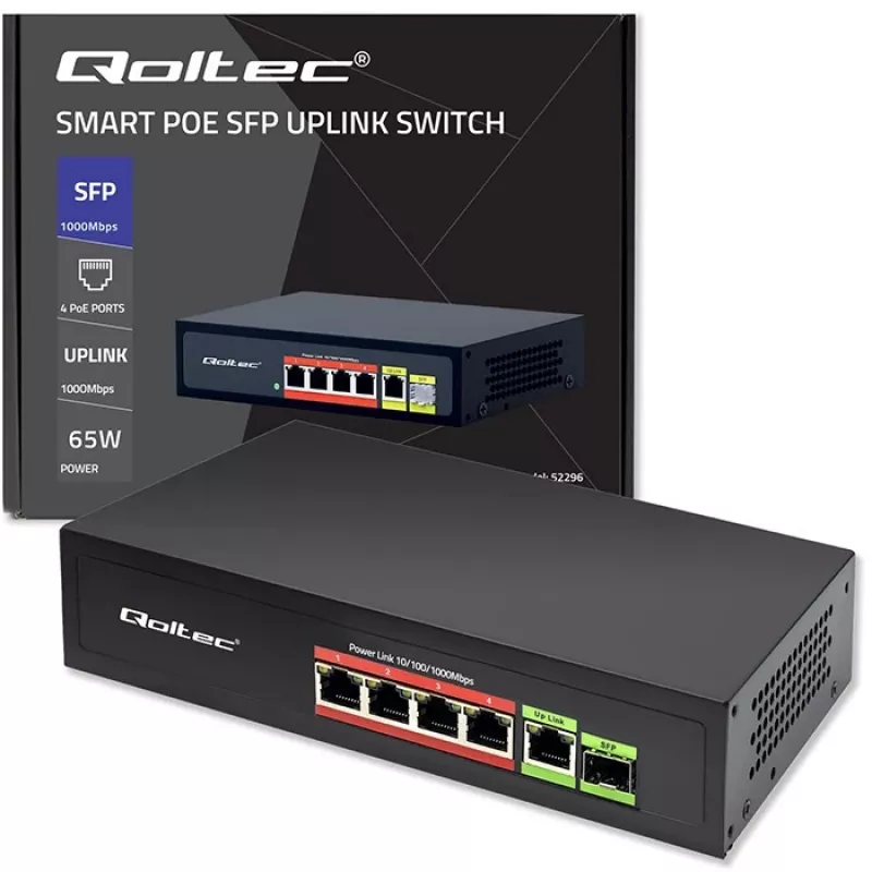 Ethernet PoE -kytkin QOLTEC 52296 — 4x RJ45 PoE-porttia, 1x RJ45 uplink