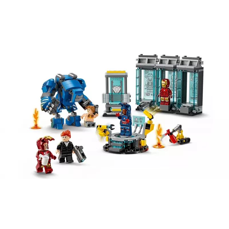 LEGO Marvel Iron Man -laboratorio ja asevarasto 76315 leikkisetti – 384 osaa, 5 minifiguuria, esittelyalue