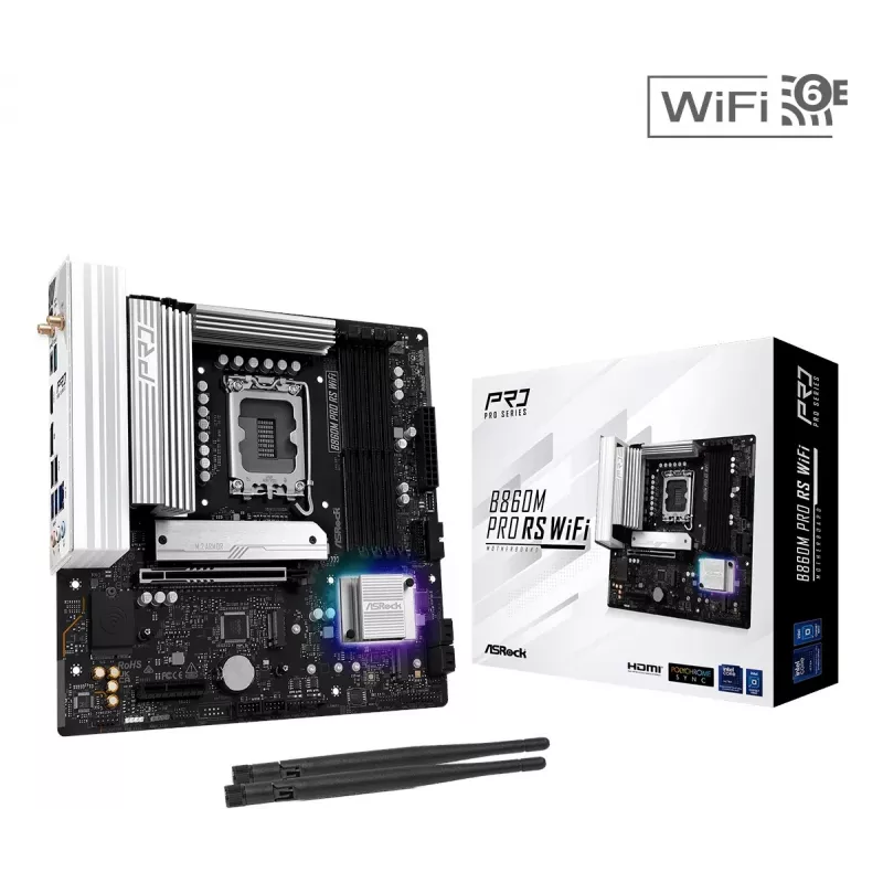 Emolevy ASRock B860M Pro RS WiFi — Intel B860, LGA 1851, micro ATX, DDR5, 4 DIMM, 3x M.2, 2.5Gb LAN, Wi‑Fi, Bluetooth