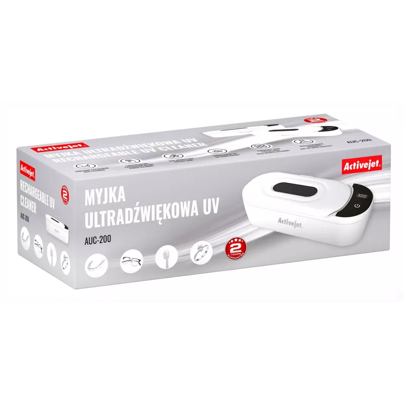 Ultraäänipuhdistin ActiveJet AUC-200 valkoinen UV, 100–240 V, 231×96×67 mm, 450 g