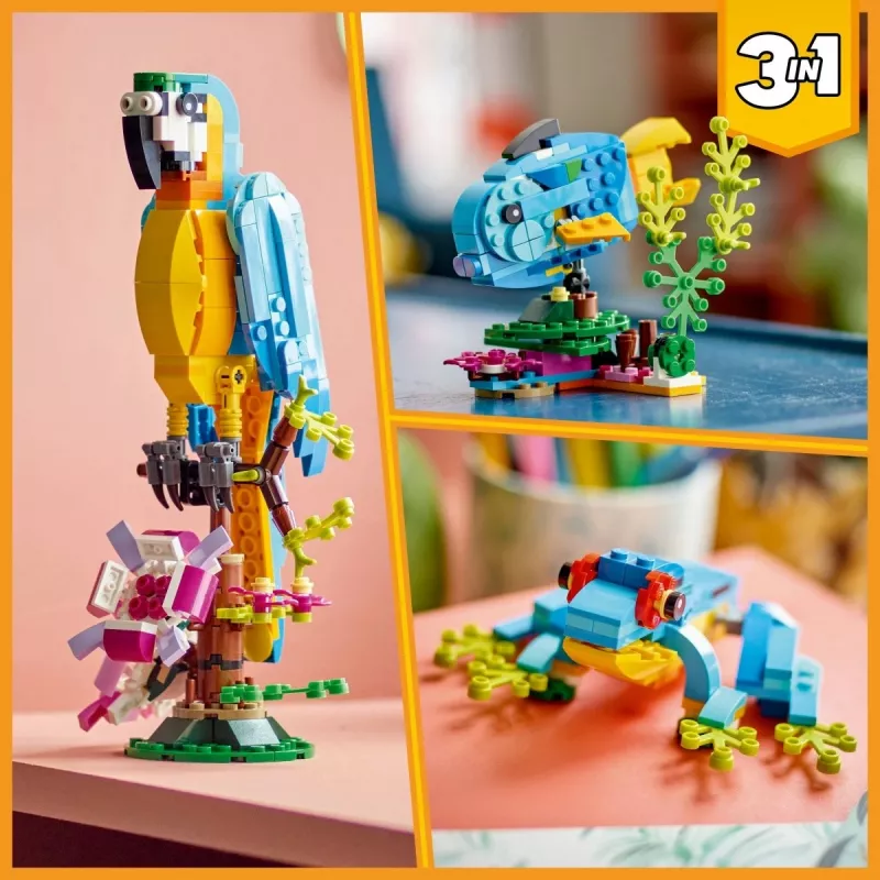 LEGO rakennussarja Exotischer Papagei 31136 — Creator-näyttömalli, 253 osaa, 220×120×110 mm
