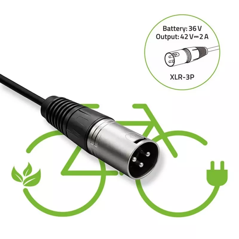Laturi sähköpyörään 36V 42V 2A 3P XLR 18mm