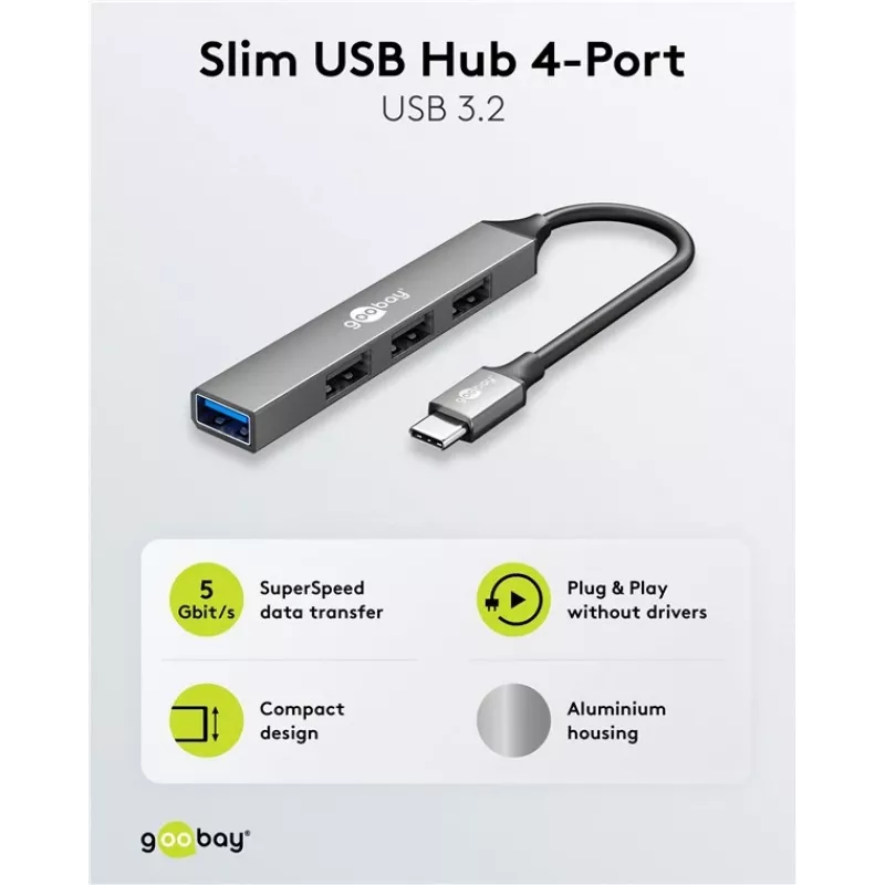 Goobay Slim 4-porttinen USB-keskitin, USB-C™–USB-A, USB 3.2 (74457)