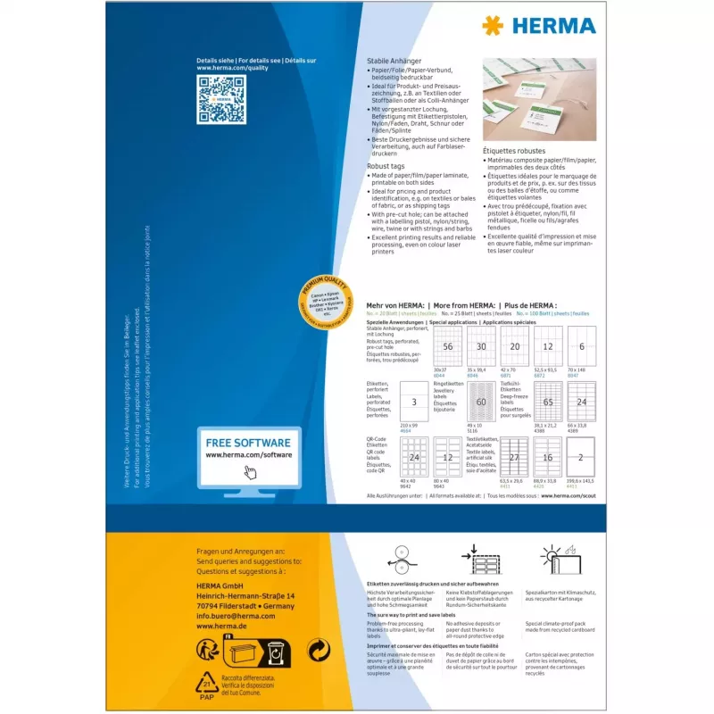 Kestävät tarrat HERMA A4 52,5x93,5 mm valkoinen paperi ei tarttuva 1200 kpl