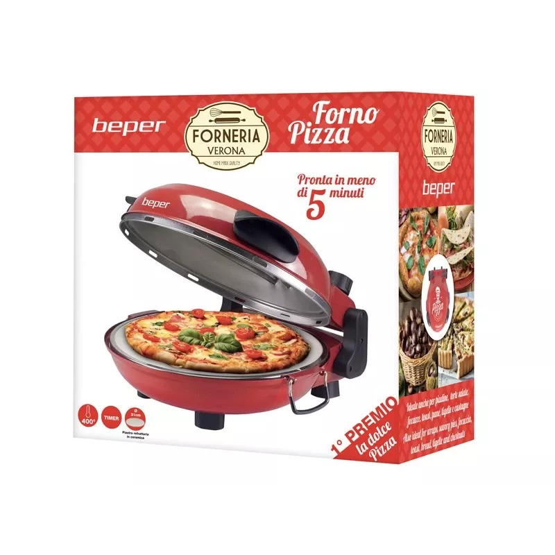 Beper P101CUD300 Party Line pizzauuni, 1200 W, 400°C, 31 cm tulenkestävä kivi, punainen