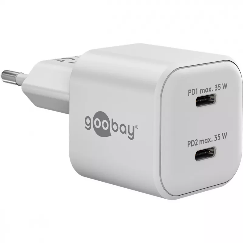 USB-C-pikalaturi Nano, PD, GaN, 35 W (valkoinen, 2x USB-C, Power Delivery 3.0)