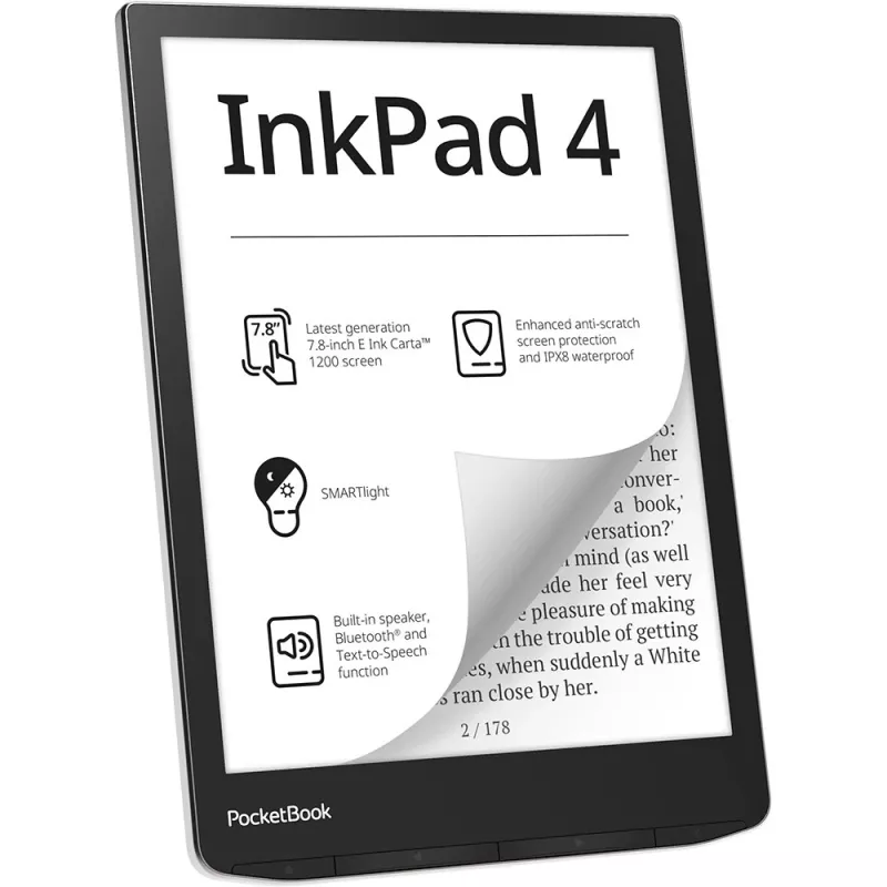 PocketBook InkPad 4 - 19,8 cm (7.8) - E Ink Carta - 1404 x 1872 pikseliä - ACSM - AZW - AZW3 - CBR - CBZ - CHM - DOC - DOCX - DjVu - EPUB - EPUB DRM - FB2 - FB2.ZIP - HTM - HTML - MOB