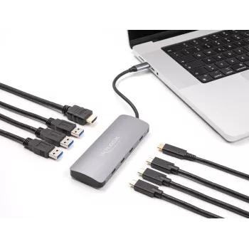 USB-C-keskitin DELOCK 64323 — USB 3.2 Gen 2 Type-C-isäntä, HDMI + 2× USB-A + 2× USB-C, 10 Gbit/s, harmaa